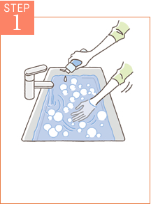 STEP1 水かぬるま湯（20〜40℃）を張った洗面器にシャンプーを適量いれてよく泡立てます