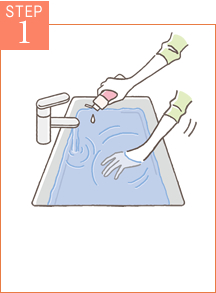STEP1 水かぬるま湯(20〜40℃)を張った洗面器にコンディショナーを適量いれてよく泡立てます